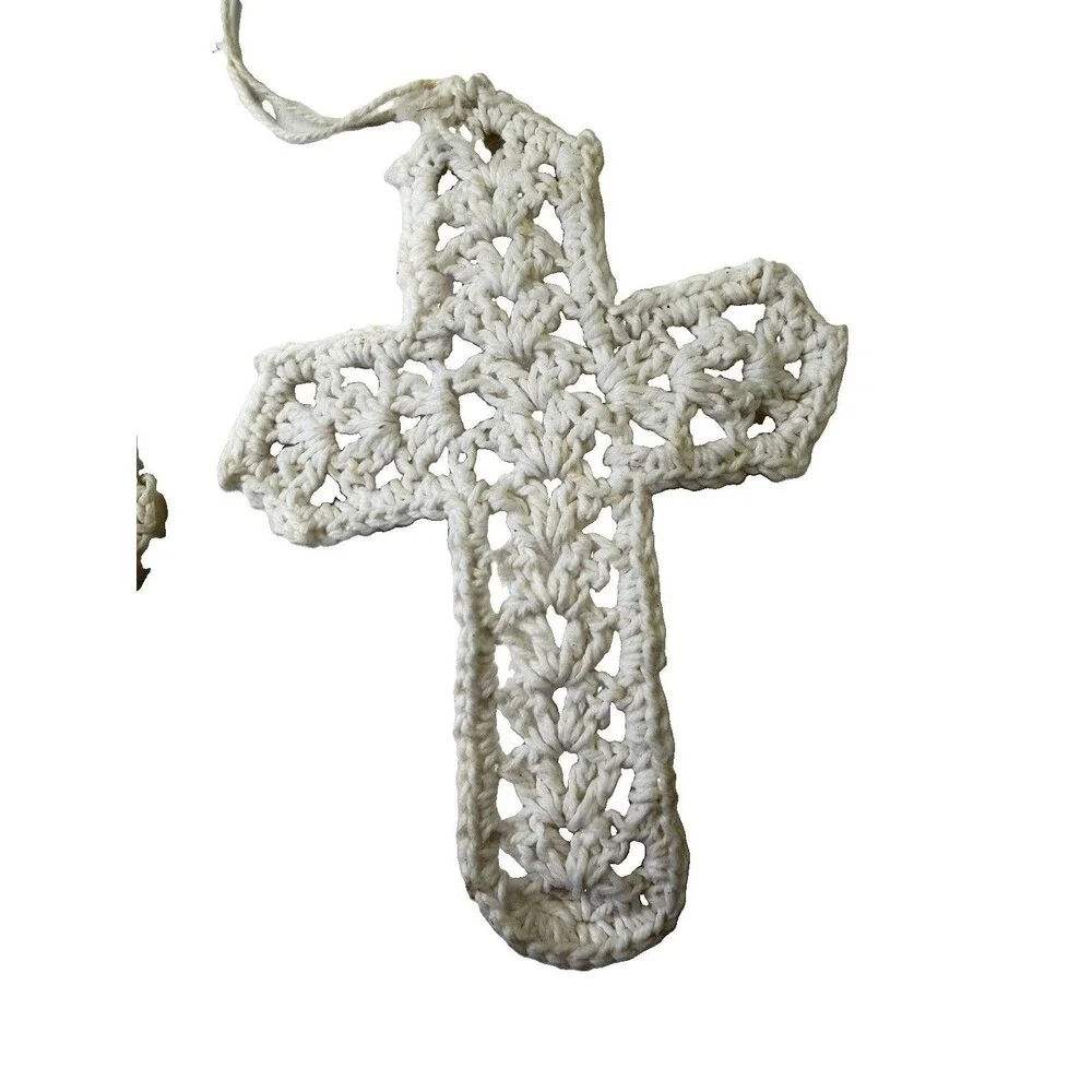 Vintage 1970s Handmade Crocheted Cross Ornaments White Cotton Lace Set of 2